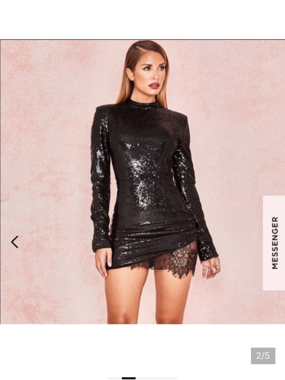 House of CB Black Sequin Long-Sleeve Mini Dress with Lace Hem.
